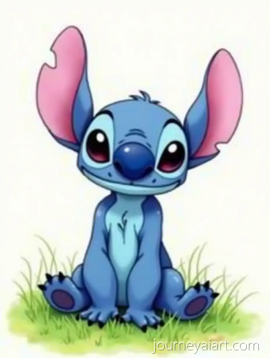 Stitch-Character-Sitting-on-Grass-Watercolor-Illustration-in-Bright-Neon-Colors