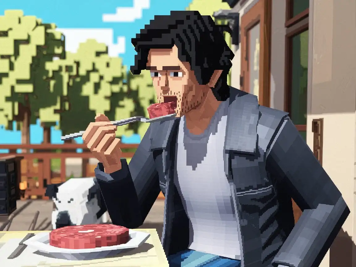 In the style of a pixel-based 16-bit computer game. On the open veranda of the restaurant, a 35-year-old European musician, athletic, proud with a straight posture, shoulders loosely straightened, calm and confident, is eating meat tartare at a table. The face is oval, strong-willed, courageous with a pronounced lower jaw and developed masticatory muscles, skeletal outlines are pronounced. Black wavy hair of medium length, light stubble. The eyes are gray-blue of normal size. The skin is light. He is dressed in a casual style in a gray T-shirt, an open leather jacket and jeans. Strong, courageous hands. He loves the dog very much. A clear spring day. Spring trees are visible behind the veranda. The dog must be present. Musician