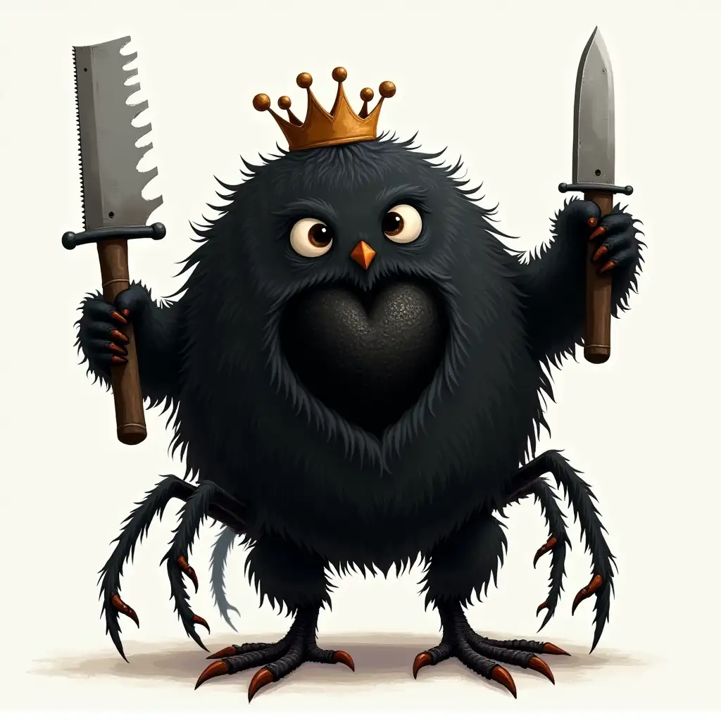 A Round fluffy black monster with a saw as a hand and the knife as a hand with chicken legs and spider legs black eyes and a crown and whith his black heart showing with  dinosaur hands