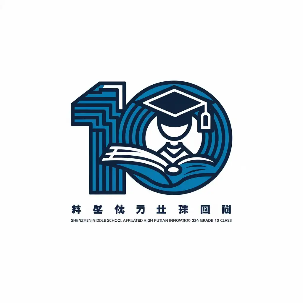 a vector logo design,with the text "Shenzhen Middle School Affiliated High School Futian Innovation School 2024 Grade 10 Class", main symbol:number '10' 'book' 'student',complex,be used in education industry,clear background