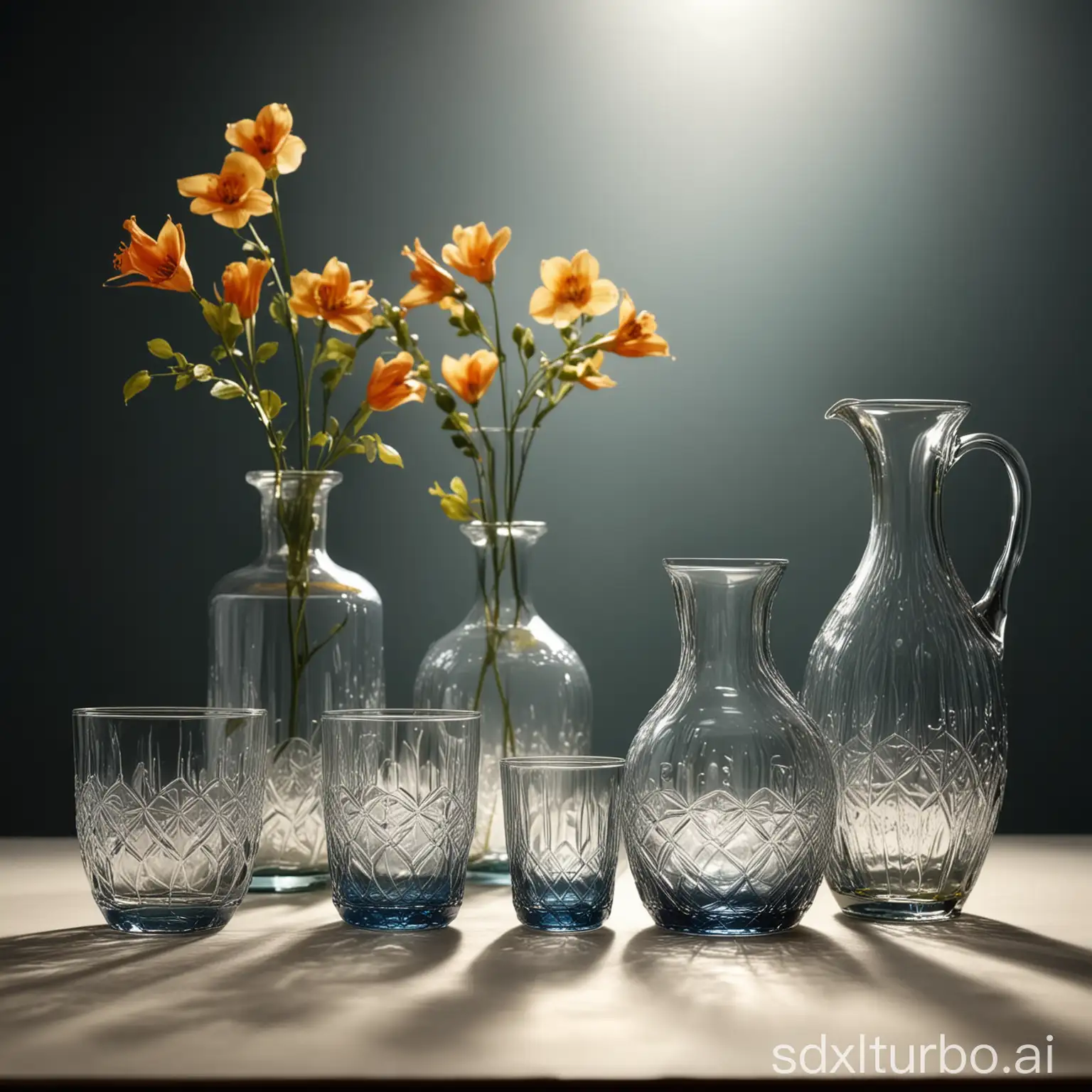 Artistic-Glass-Background-with-Delicate-Vases-and-Cups