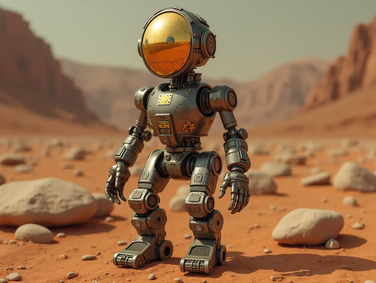 Erstellen Sie ein hochauflösendes, realistisches Bild von künstlicher Intelligenz Robert, zwei Meter und ein Meter hoch, with gears on arms and legs, gears on cheeks and a glass head with a golden plating brain, screws with many gears, on Mars at 4k resolution with rocks