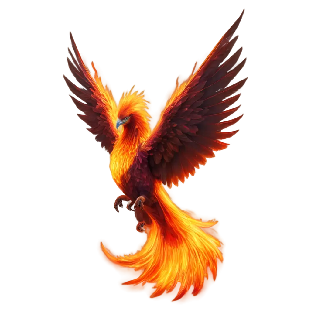 A majestic fiery phoenix rising from its own flames, with vibrant orange and red feathers that glow intensely, surrounded by fiery embers and a dynamic sense of power. Background should be clean or transparent for optimal focus on the phoenix.