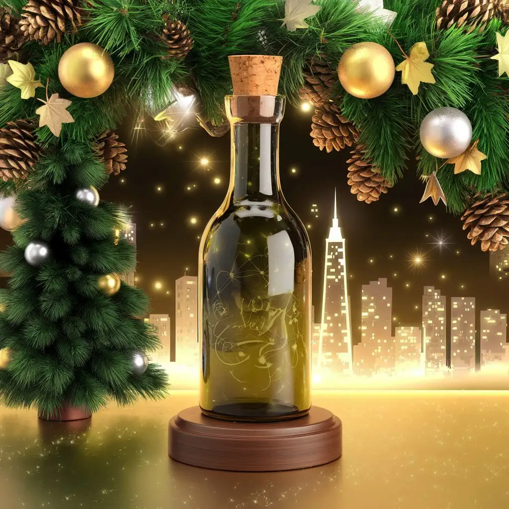 Bottle-Surrounded-by-New-Years-Decorations-in-a-Forest-Setting