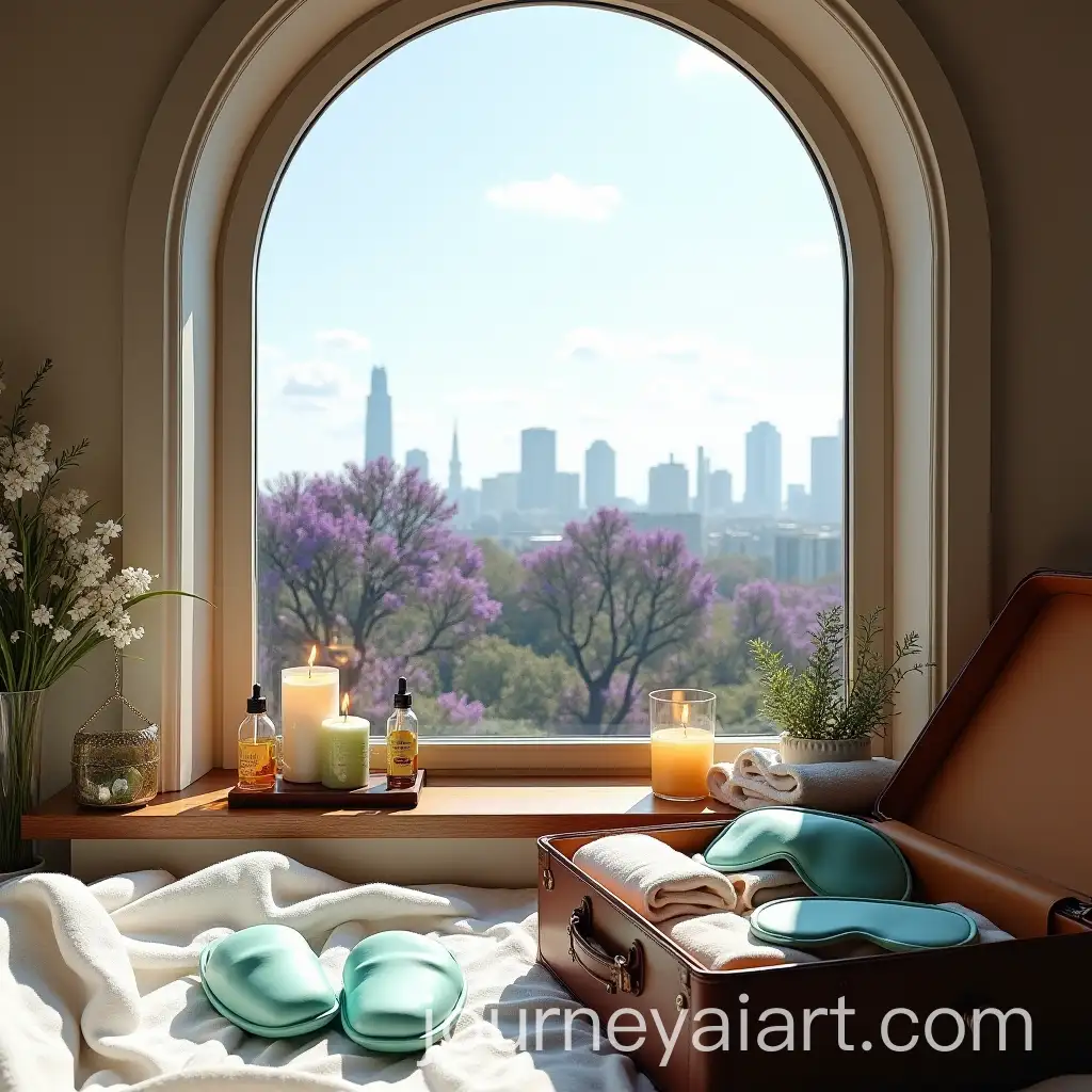 Relaxing-Spa-Room-Overlooking-a-Cityscape-with-Jacaranda-Trees