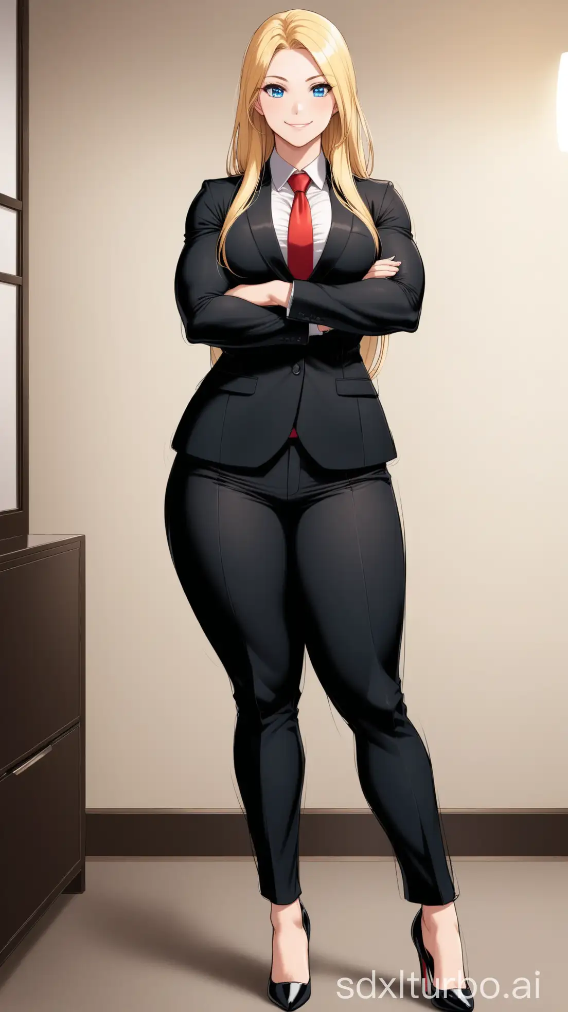 Tall woman wearing formal suit, very long blonde hair, blue eyes, smile, arms crossed, black jacket, white shirt, red necktie, black pants too tight, muscular body, curvy, black heels, full-body shot, at the room