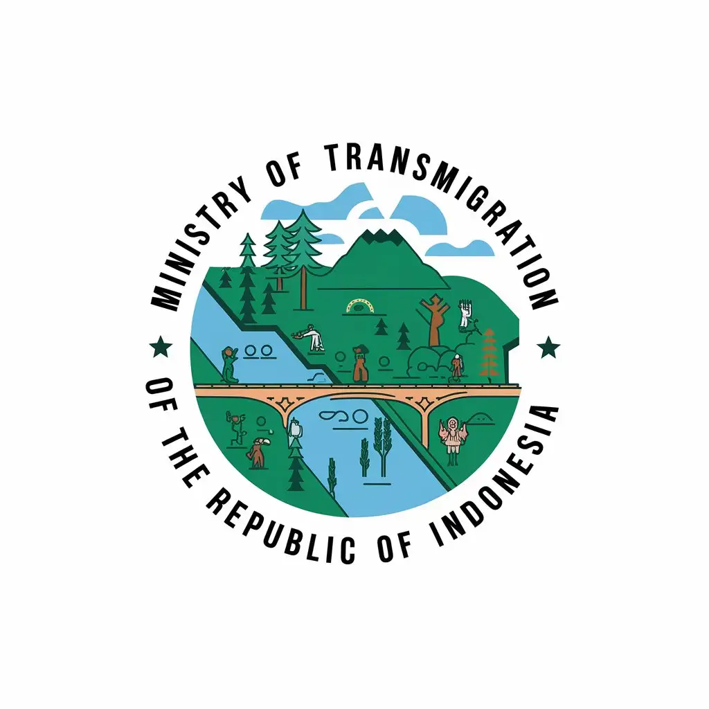 LOGO Design for Ministry of Transmigration of the Republic of Indonesia Featuring Map Trees Bridge Mountain River and Diverse People