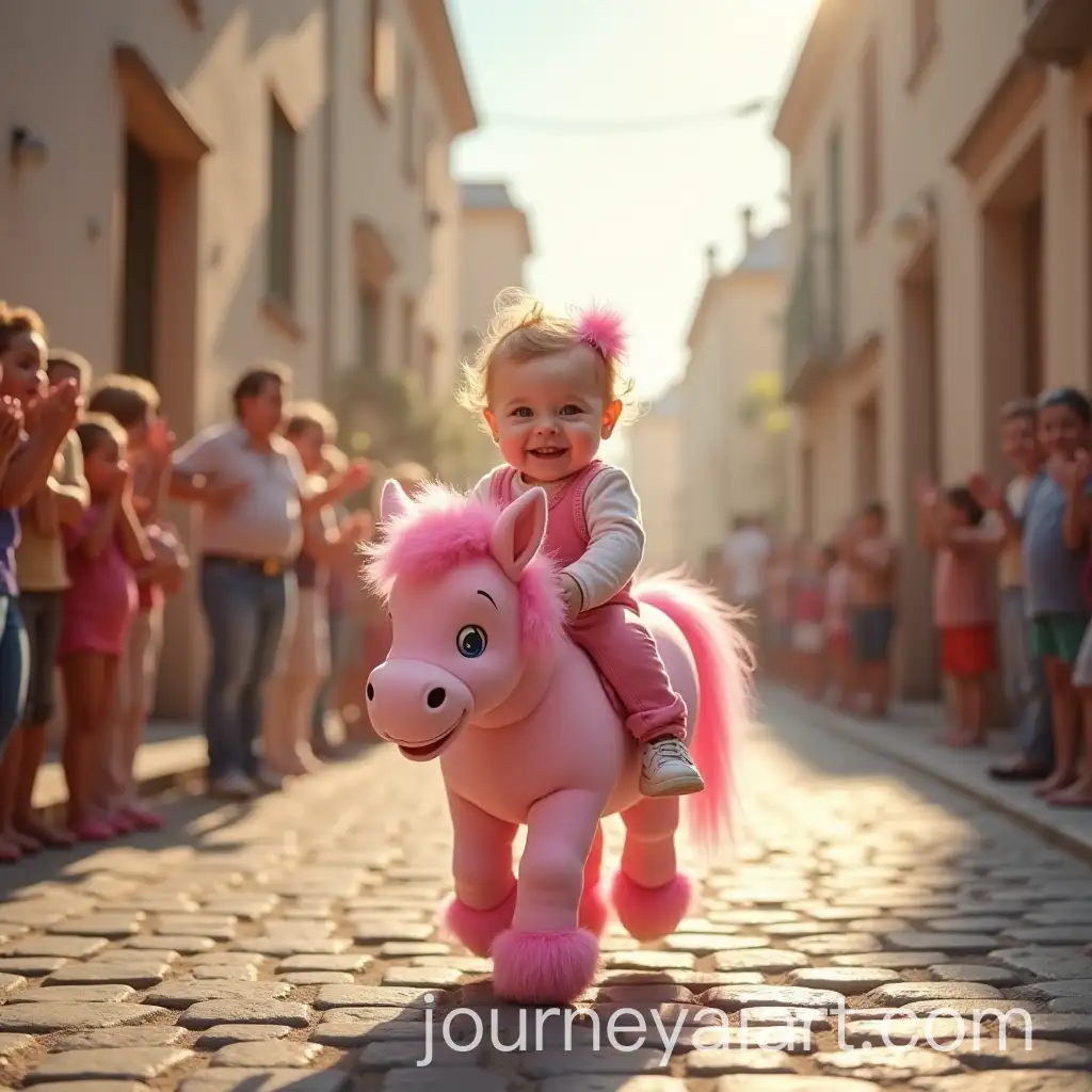 Baby-Riding-a-Pink-Pony-Cheered-by-Crowd-on-a-Cobblestone-Street