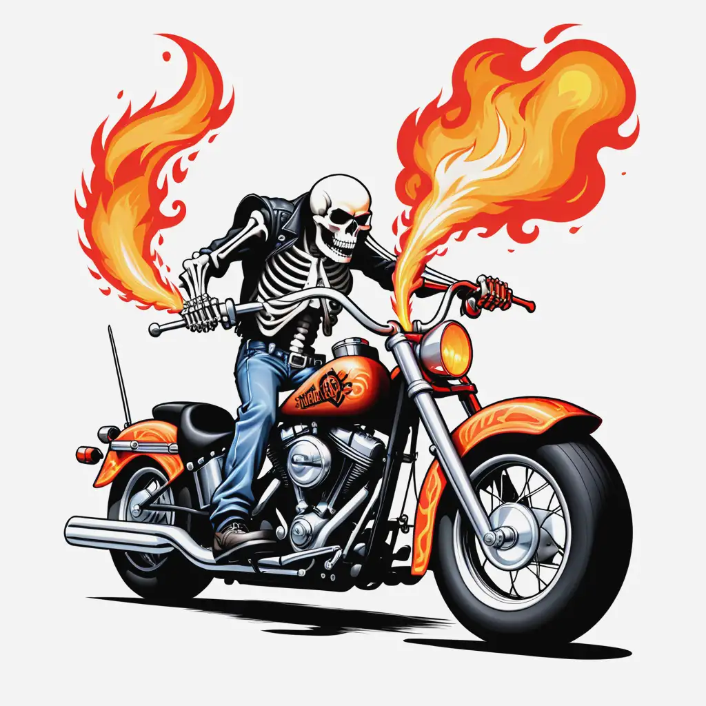 Skeleton Riding Harley Motorcycle with Fiery Exhaust on White Background