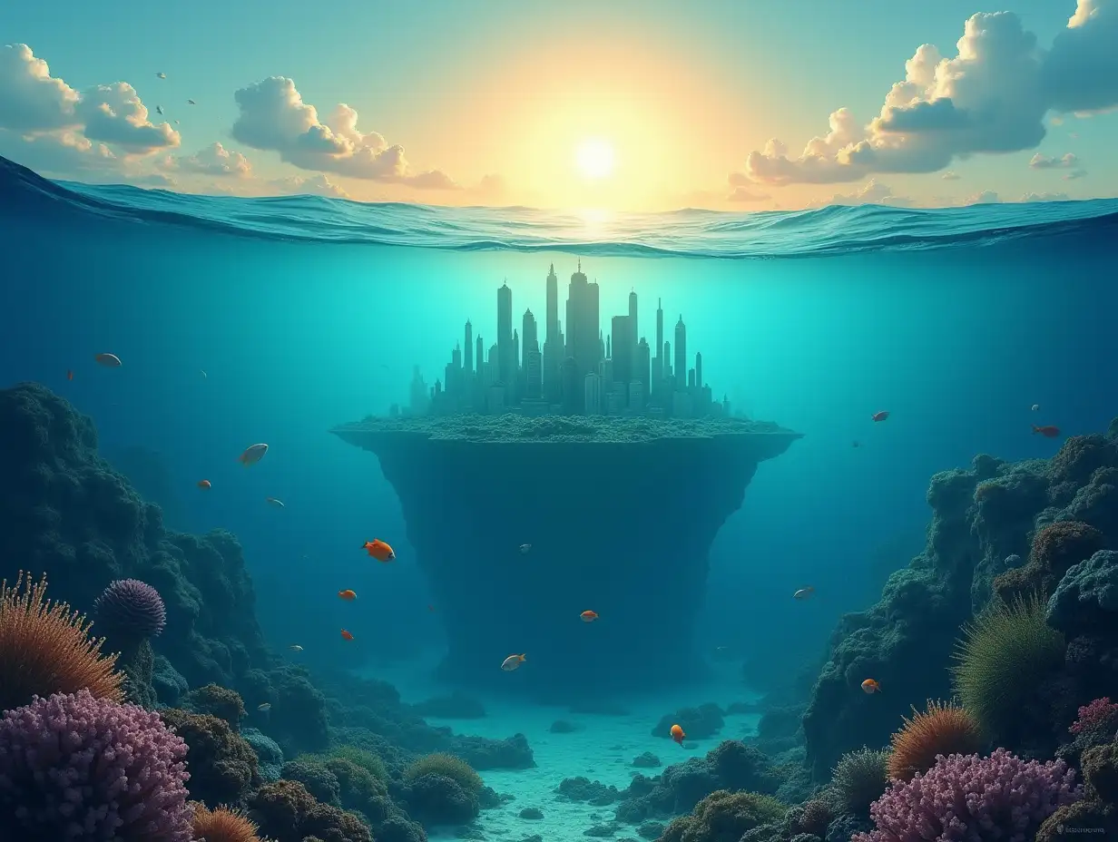 Imagine a city that is located on the sea floor, with coral reefs and fish swimming around. Create an image where the underwater city stands on the edge of the ocean, with a sun setting in the background.