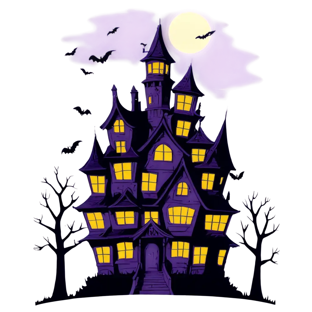 Central Image: A whimsical haunted house with exaggerated, cartoonish features—think crooked windows, a tall, rickety tower, and a full moon in the background. The house is surrounded by playful, friendly ghosts and a few bats flying around. Color Scheme: Use a palette of vibrant purples, oranges, and blacks. The moon can be a glowing, eerie yellow. Text: Above or below the haunted house, in a fun, spooky font, include the phrase ‘Haunt the Night Away’ or ‘Spooktacular Symphony.’