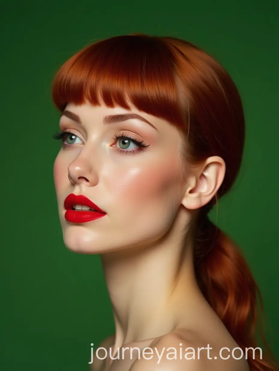 Glamour-Portrait-of-a-Woman-with-Red-Lips-and-Ponytail-Against-Green-Background