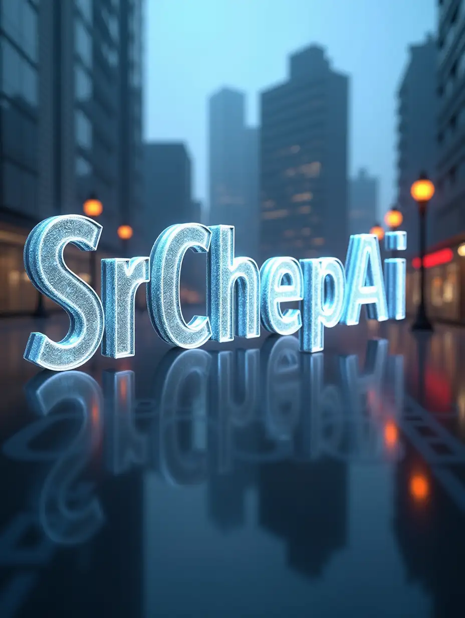 Glass texture, 3D rendering of transparent glass texture with glowing letters 'SrChepAi' with reflection and lighting effects, against the background of a modern city, the background is very blurred
