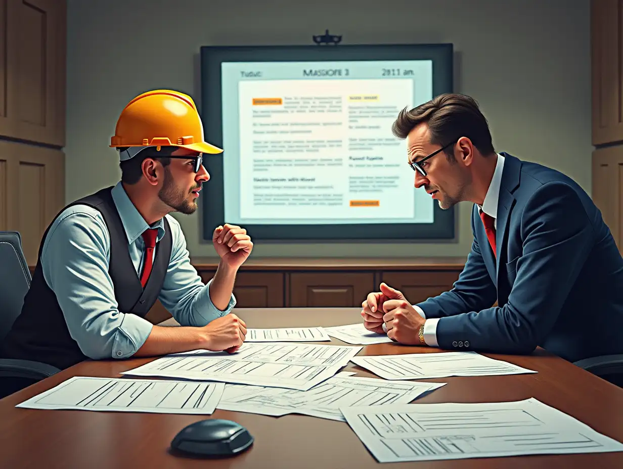 A tense boardroom meeting. Two men, one in a construction hardhat and the other in a sharp business suit, face each other across a large, polished table. Scattered across the table are architectural blueprints, legal documents with highlighted clauses, and a large digital calendar displaying a missed deadline. The construction worker appears frustrated and defensive, gesturing towards the blueprints. The businessman looks stern and resolute, pointing towards a specific clause in the contract document. The atmosphere is thick with conflict, emphasizing the disagreement over the missed deadline and associated penalties. Use a realistic style with a focus on the body language and facial expressions of the characters.