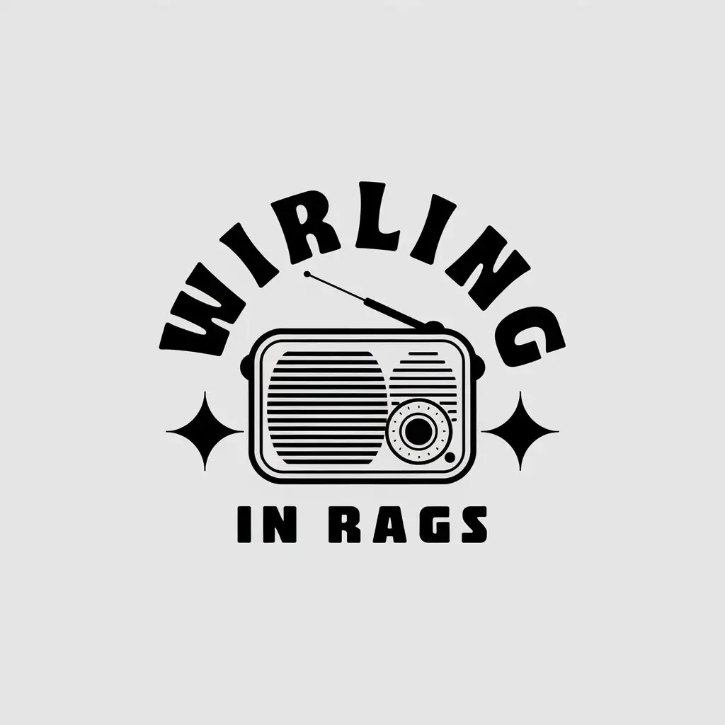 a vector logo design,with the text "wirling in rags", main symbol:Old radio, feeling of being broken  feelings of shabbiness matched with the retro style, want a black and white color scheme to match the style of the game Ultra Street Fighter II: The Final Challengers.,Minimalistic,be used in bar industry,clear background