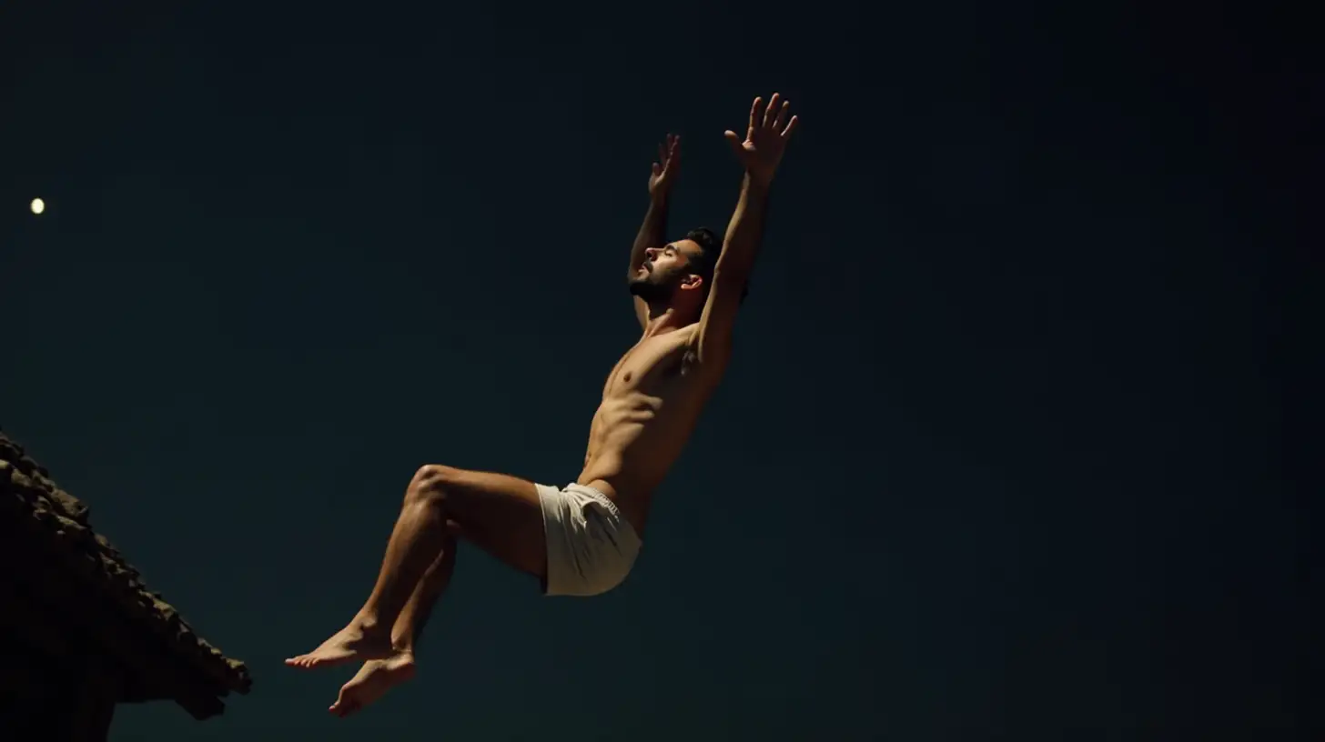 Shirtless Man Falling Backwards Off Ledge at Night