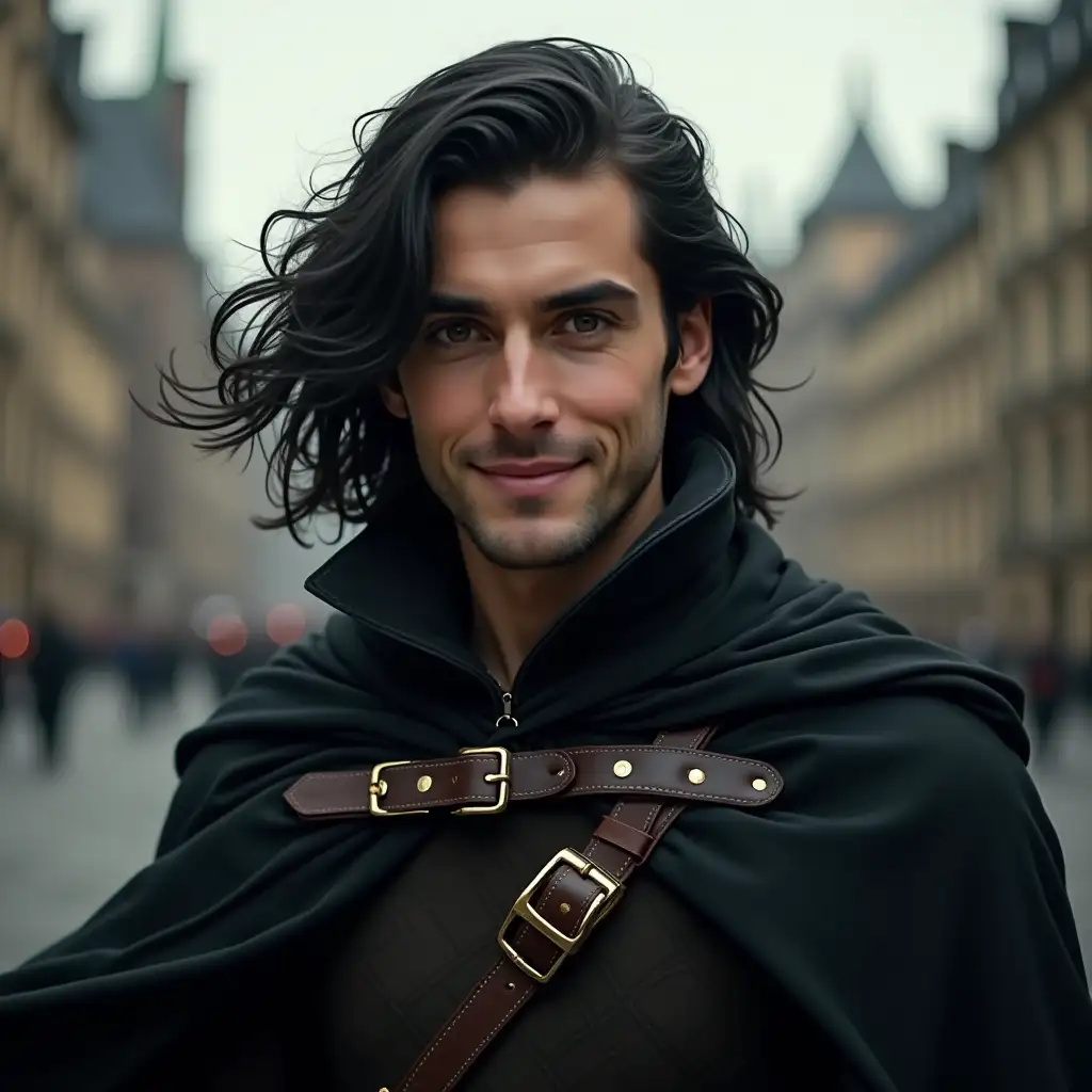 Portrait of a young handsome smiling man looking at the camera, in the image in the form of a wanderer with a clean-shaven face and with long black hair below her shoulders fluttering in the wind, he is wearing a black cape with detailed leather straps and buckles,  a fantastic character. It is written in the style of disco-Elysium, in the style of Alexander Rostov. Photorealistic, the Gothic city background, neo-expressionism, digital art,  very detailed,