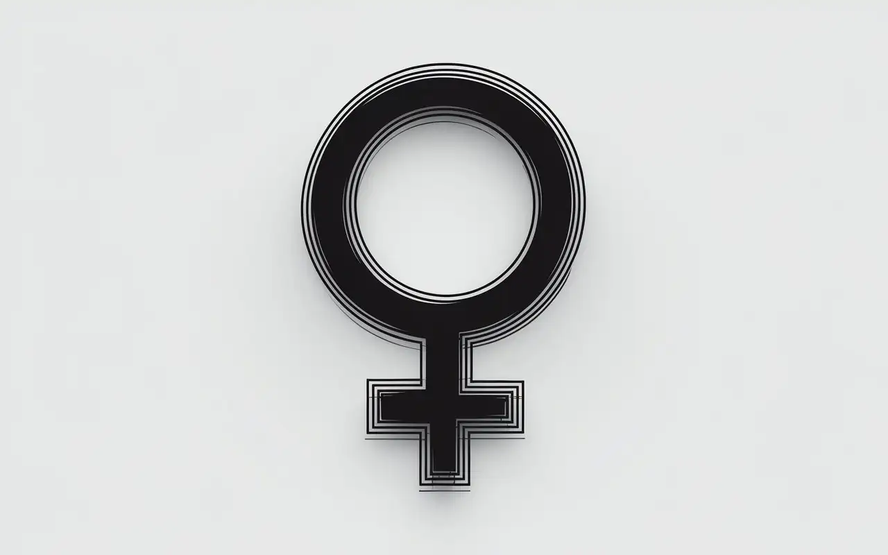 Black outline of a female gender symbol with bold, clean lines, placed on a plain white background, minimalist and impactful.