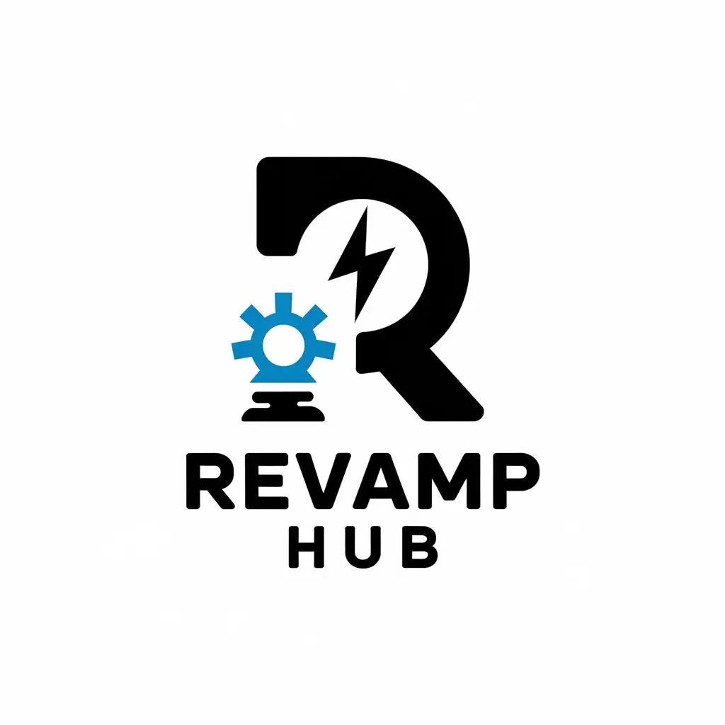 LOGO Design for RevAmp Hub Electric Symbol with R and Hub Theme for Technology Industry