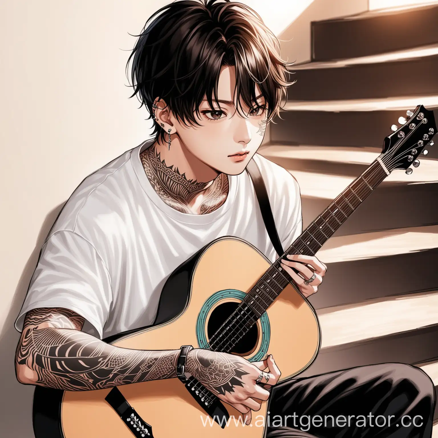 art drawn drawing, jungkook from BTS, jungkook from BTS facial features, jungkook is sitting on the stairs with a guitar in his hands, a sly look, jungkook has a tattoo on his face, jungkook looks down at the guitar. front view