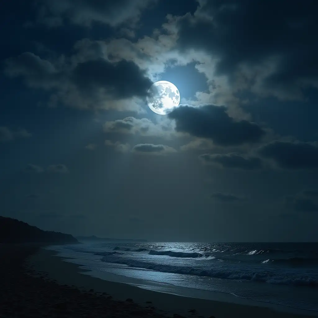 Beach scene at night under a partly cloudy sky. The moon is obscured by clouds, whilst its light penetrates through illuminating the scene