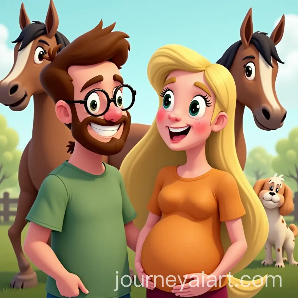 Happy-Family-with-Pets-and-Horses-in-a-Looney-Tunes-Style