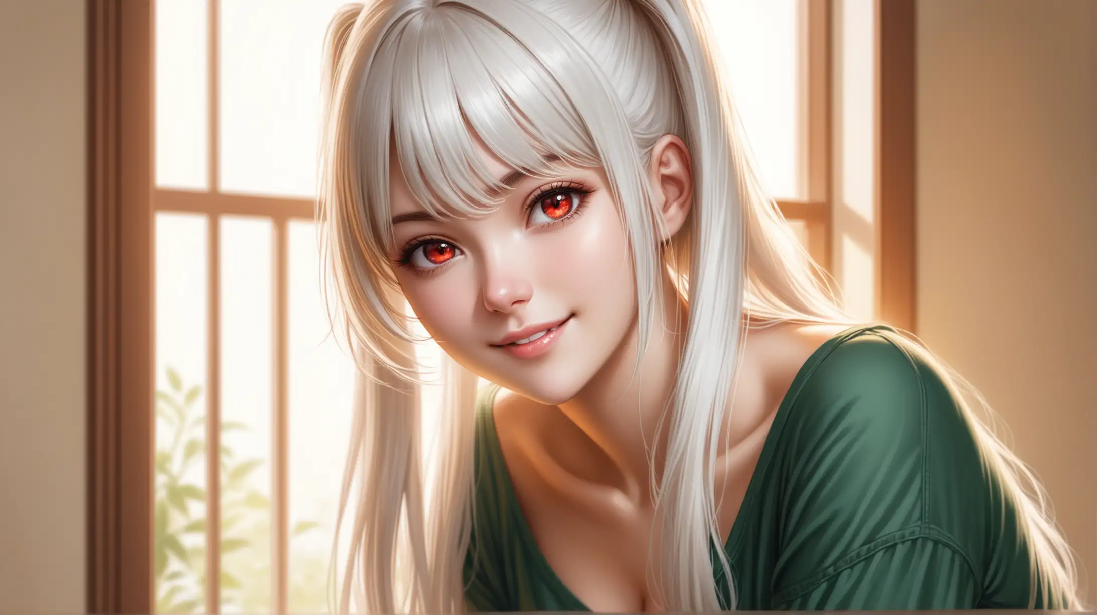 Seductive Woman with Long White Hair and Red Eyes in Casual Pose