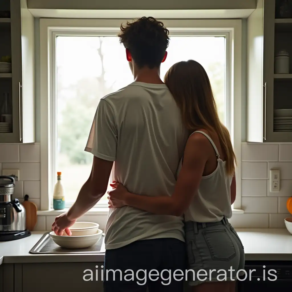 Man-Washing-Dishes-with-Woman-Hugging-Him-from-Behind