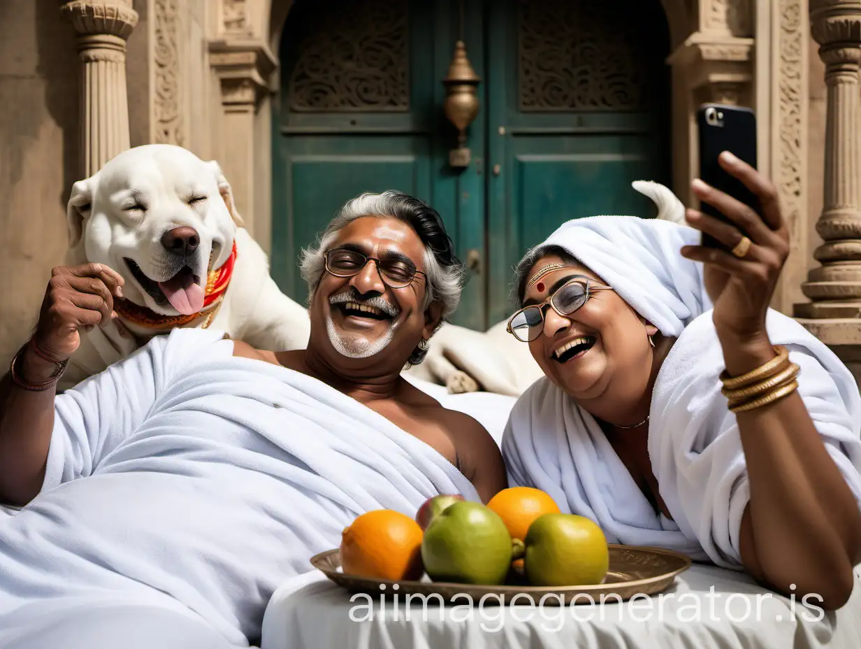 Indian-Man-and-Woman-Sleeping-in-Palace-Courtyard-with-Dog-and-Tea-Daytime-Scene