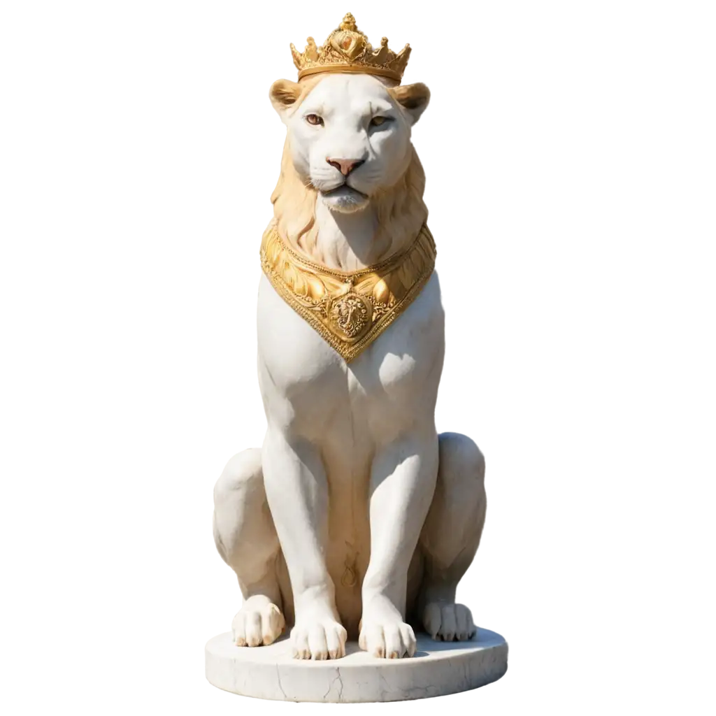 sitting lioness marble statue with golden crown