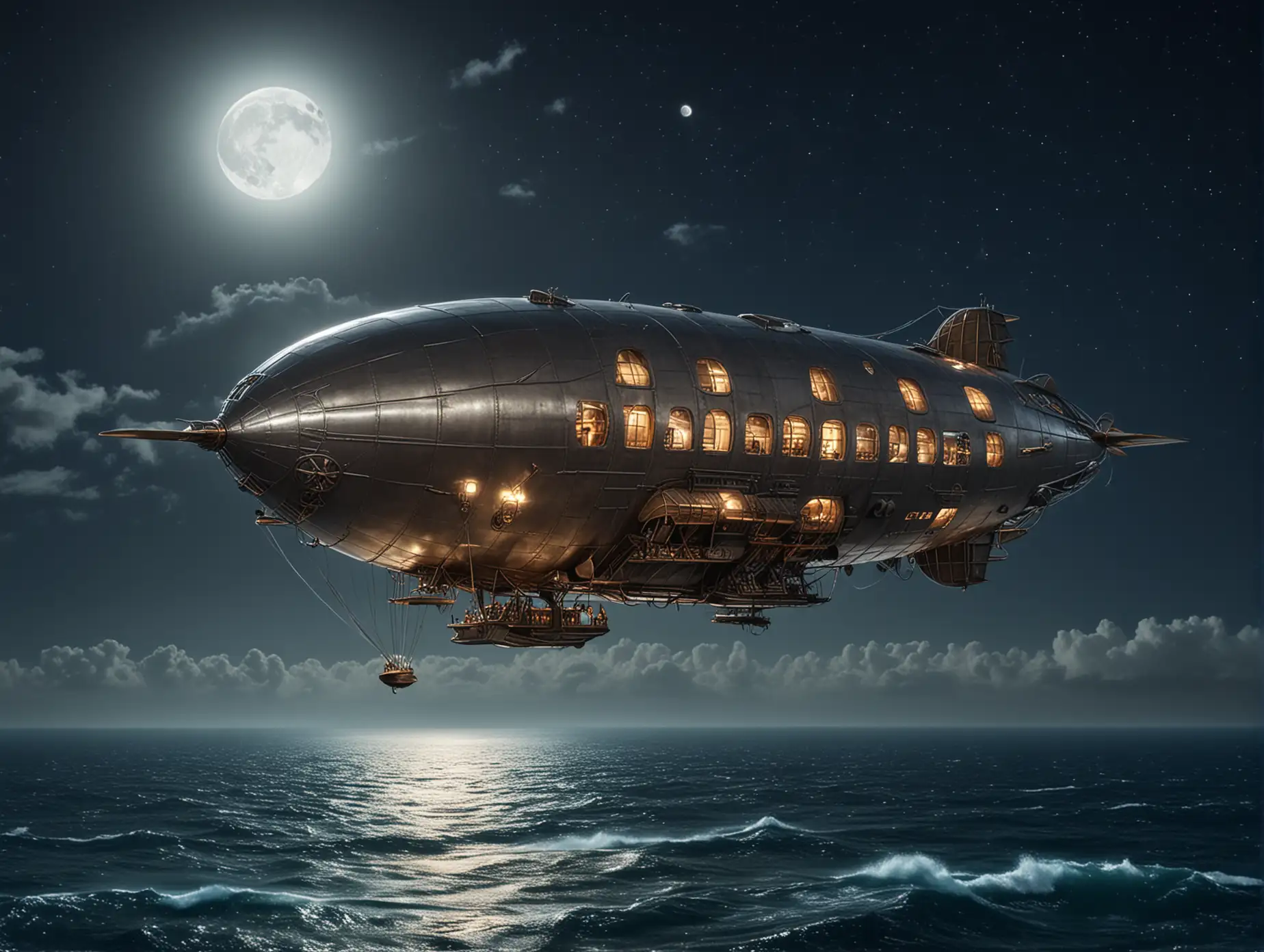 A very small, sleek, fabulous metal airship with an open upper deck flies over a tropical sea at night. The full moon shines in the sky. There is a large glass window in the nose.