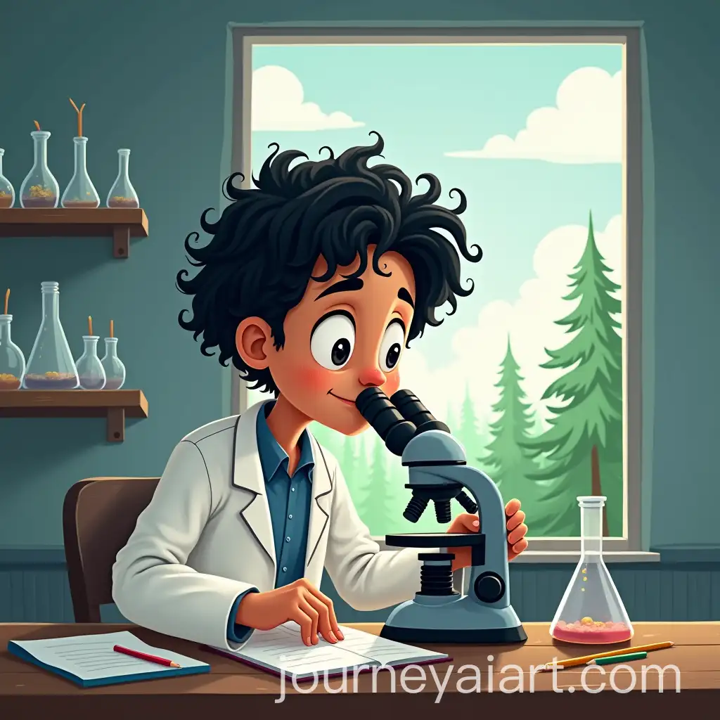 Caricature-of-a-Scientist-in-a-Laboratory-with-MicrosAI-Image-Prompt-Expansioncope-and-Forest-View