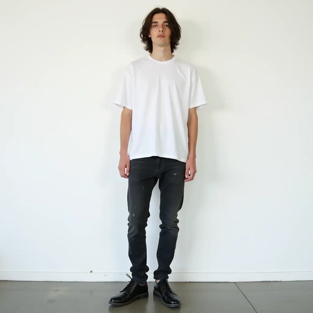 Young-Man-in-Oversized-White-TShirt-and-Black-Skinny-Jeans-Against-White-Wall