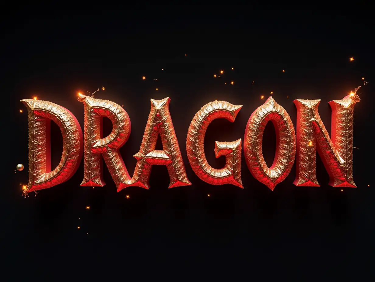 realistic color draw letters, spelling DRAGON, animated glowing, dark with red and gold elements, front view.