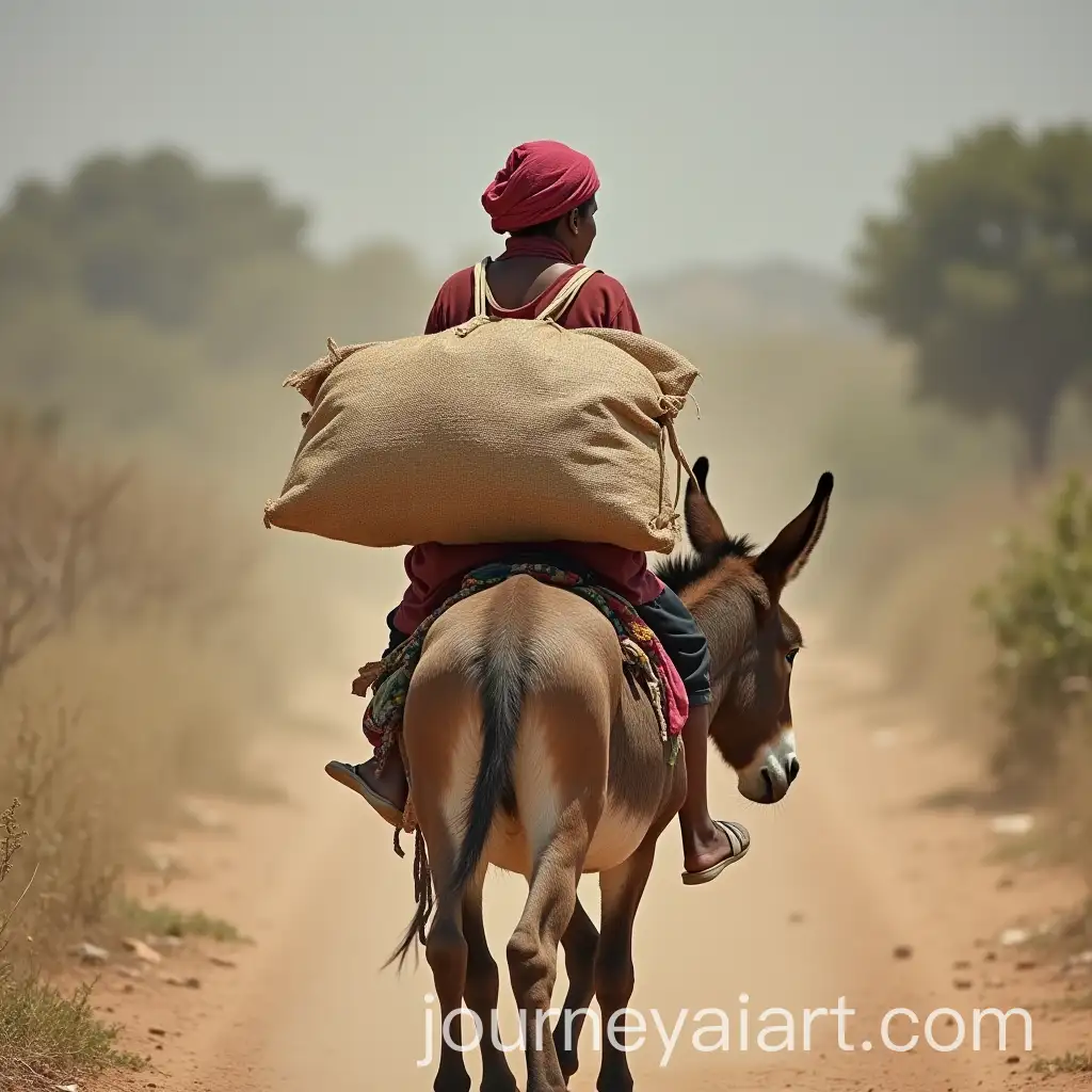 Woman-Riding-Small-DonAI-Image-Prompt-Expansionkey-with-Large-Jute-Bag-on-a-Scenic-Journey
