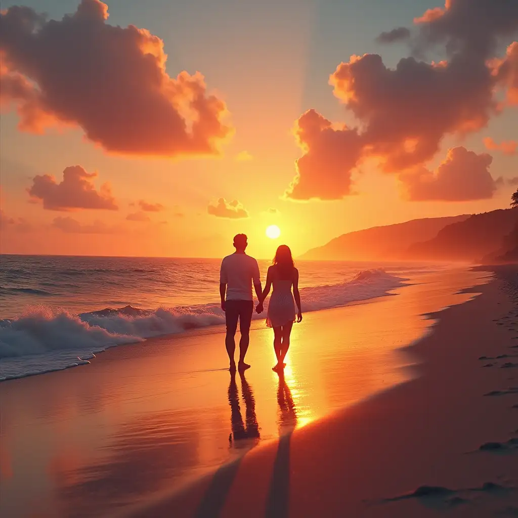 Album cover with 1980s aesthetics, of a beautiful beach with a silhouette of a man and woman couple standing far away and holding hands while watching the sunset.