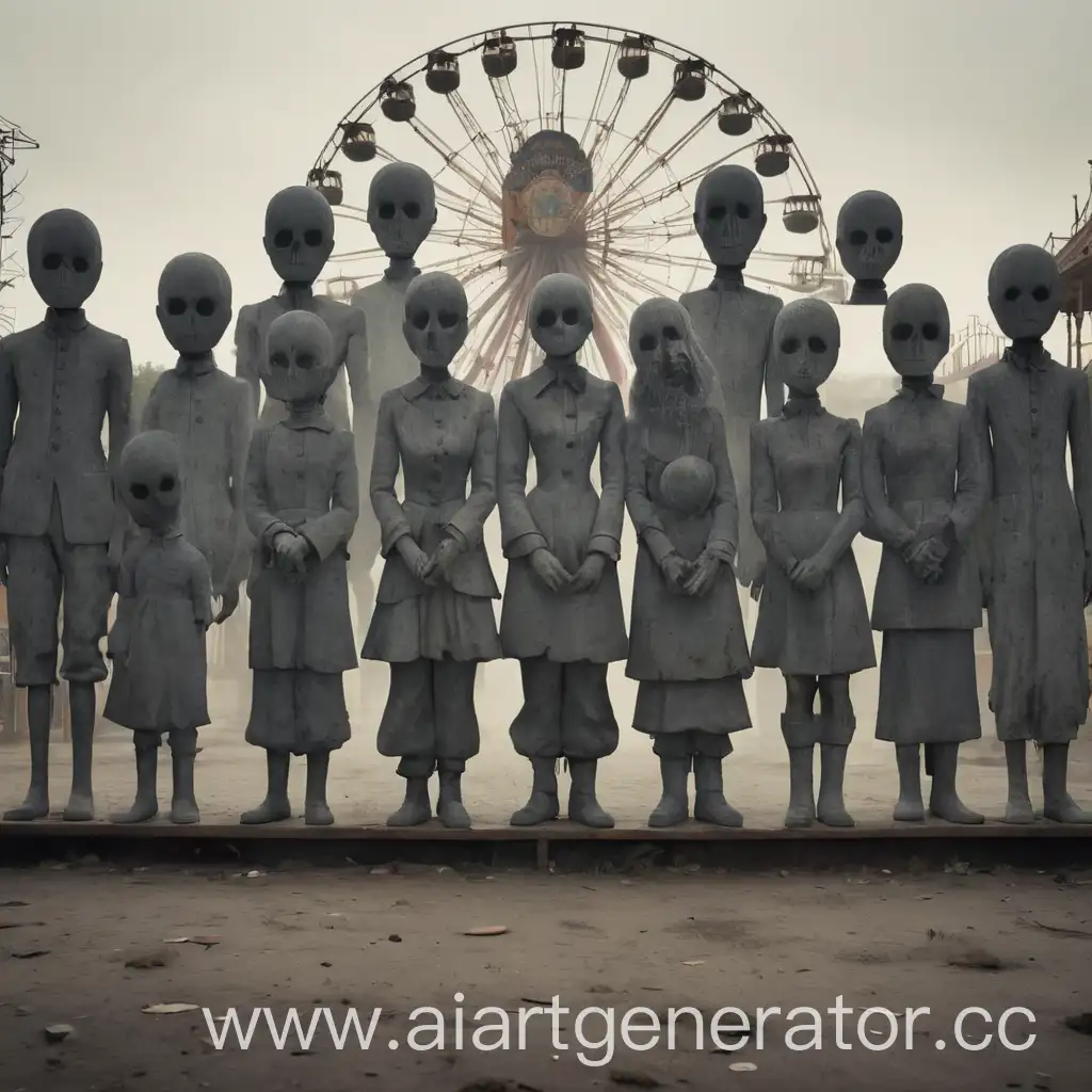 Gray silhouettes of 6 souls of faceless people in an old, rotten amusement park