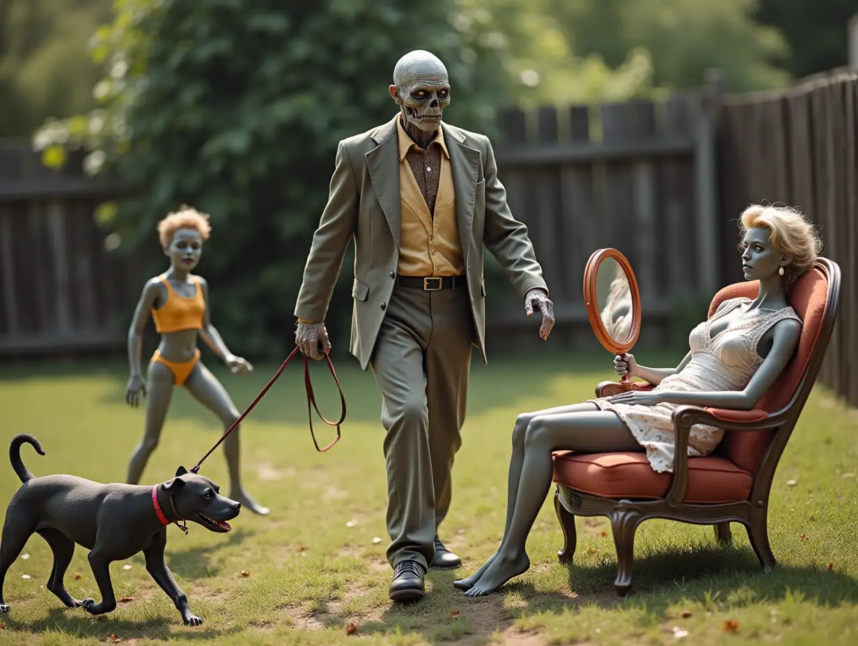 An Ultra HD scene in  a mundane male zombie in fancy 1950s clothing  is walking an attractive female human woman in tattered clothing crawling on her four legs on a leash while she has a muzzle another zombie an attractive  zombie woman is sunbathing wearing glasses on and a bathing suit with a tanning mirror sitting in a chair and a young non decaying zombie boy is playing with a headless barbie doll of Ken and a barbie like mego doll of barbie in tattered clothing while a little zombie girl in a dress chases something in a backyard that is fenced