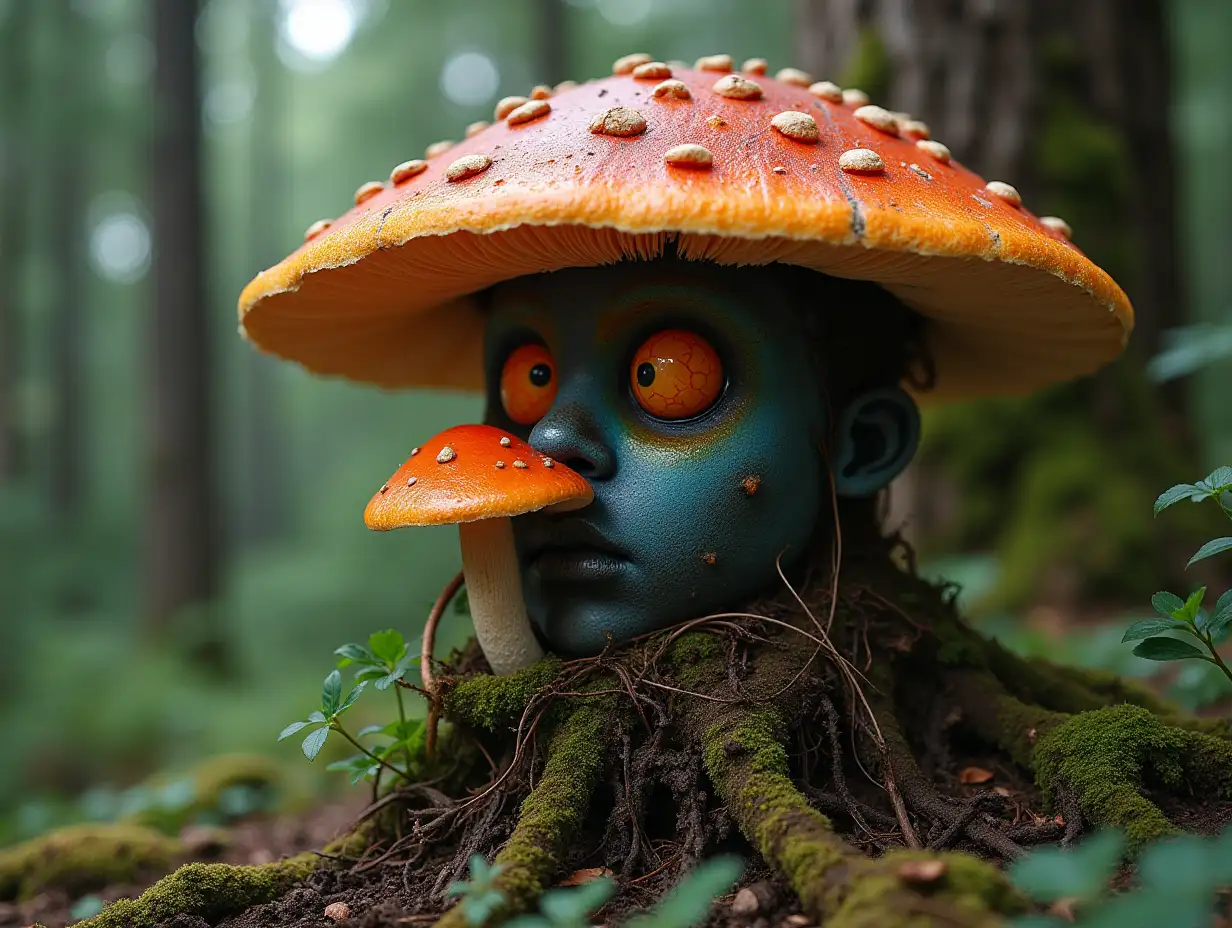 Face with colorful mushroom in mouth roots transformed into building in the forest