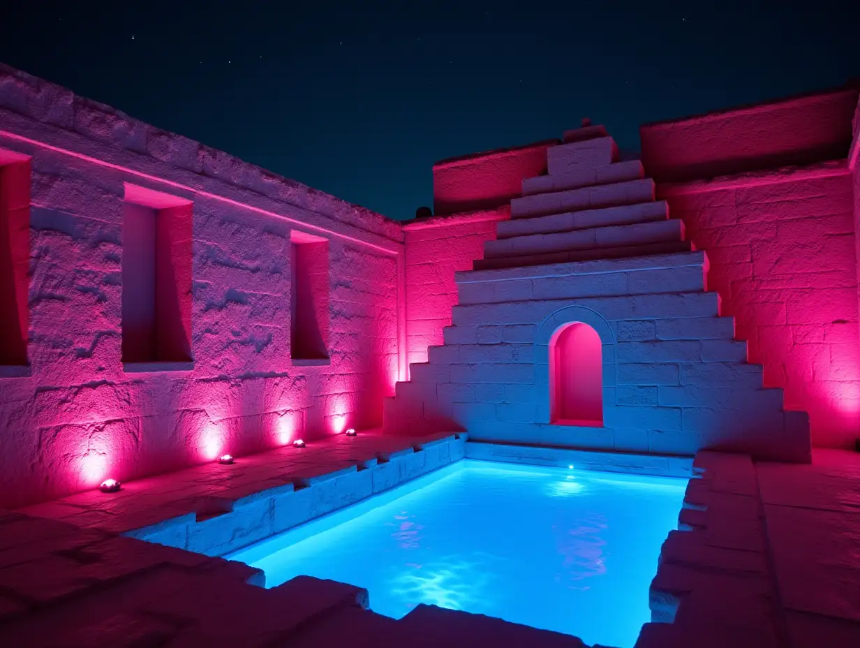 Gilbert Williams, 4k Film Still, Lights, Camera, action, Neon Pink Ziggurat of Mesopotamia, Mesopotamian architecture, middle eastern architecture, Starlit Night, Neon Pink and neon blue lighting, neon blue underwater lighting, Ziggurat of Uruk courtyard, intricate detail, exquisite detail, 120 mm film still