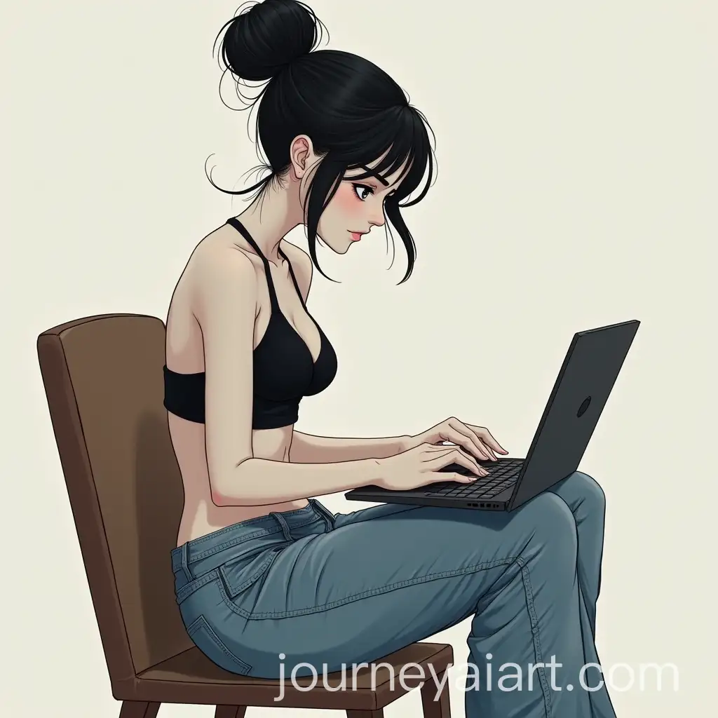 Tall-Girl-with-Black-Hair-in-Bun-Sitting-on-Chair-with-Laptop-Wearing-Baggy-Jeans-and-Bikini-Top