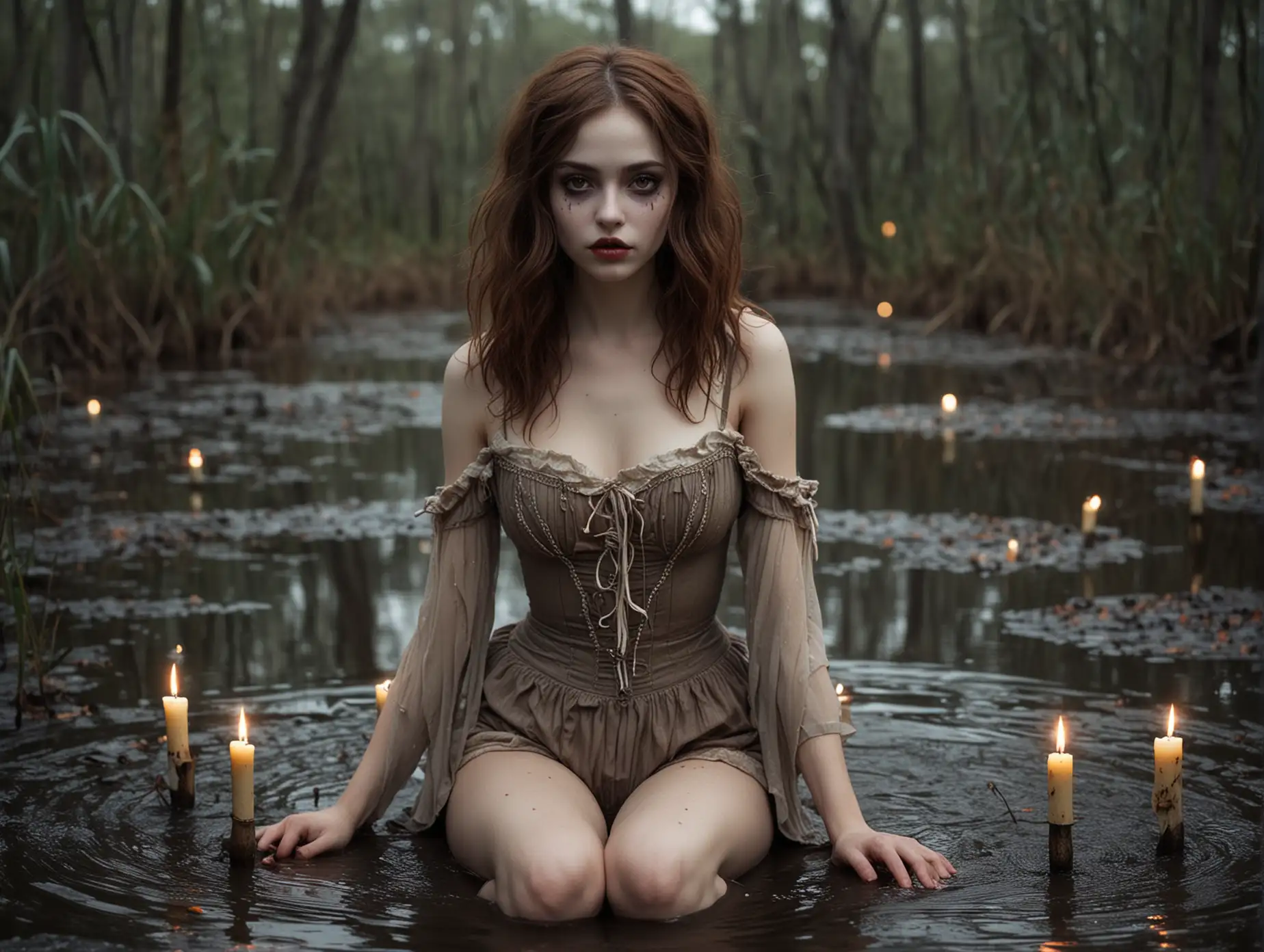 Mysterious-Girl-in-Vintage-Circus-Costume-Bathing-in-Swamp