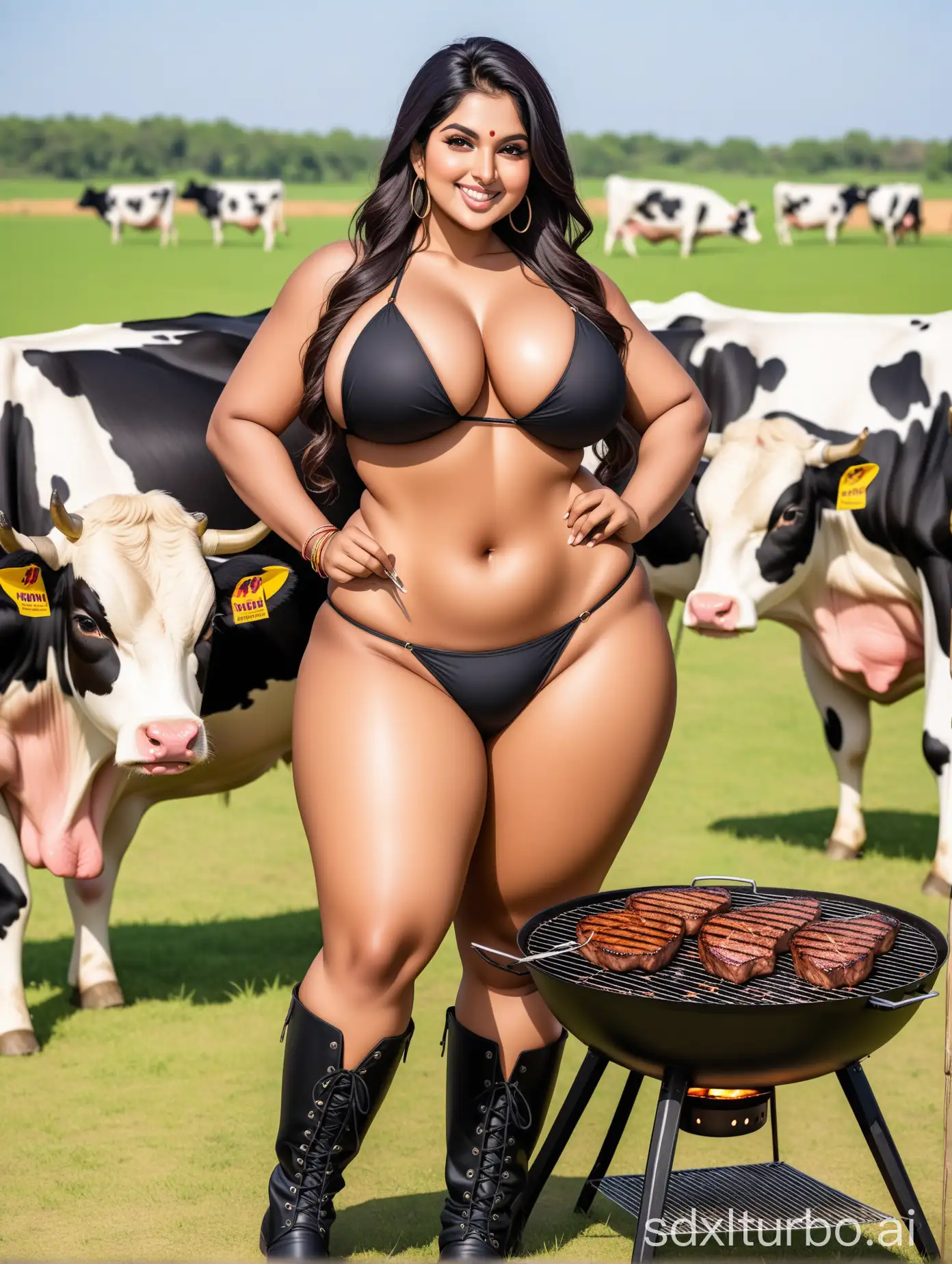 Curvy-Indian-Woman-Enjoying-Barbecue-with-Grazing-Cows