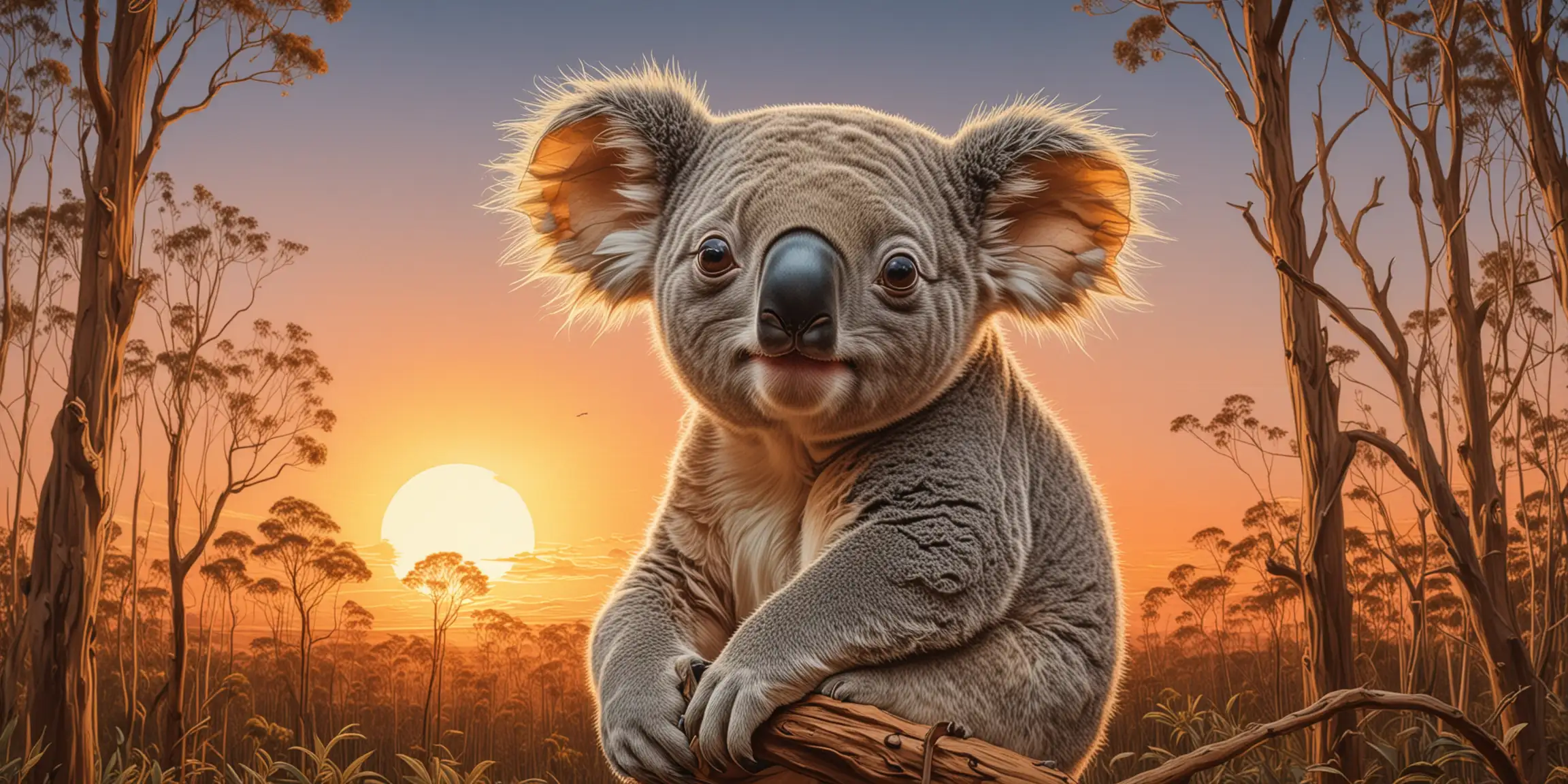 Happy Koala in Surreal Australian Forest at Sunset