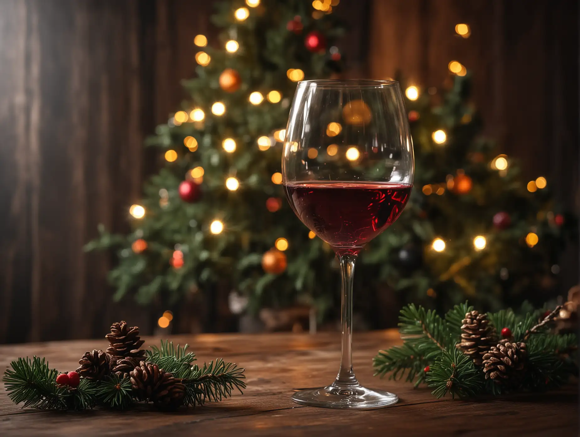 wine glass, dark lighting, side lighting, photo, wide angle, party at blurred background, new year tree