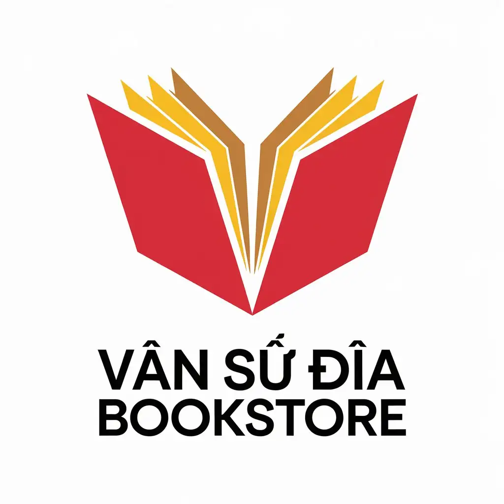 a vector logo design,with the text "Văn Sử Địa Bookstore", main symbol:I want an image of a book lying down with the cover facing up, red book cover, yellow pages, creating a V shape with the cover.,Moderate,be used in Others industry,clear background