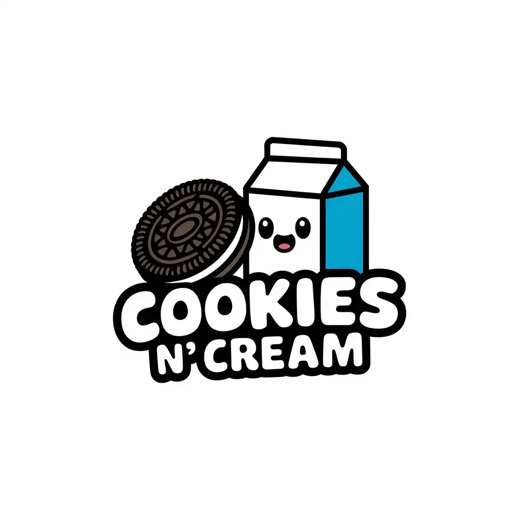 LOGO Design for Cookies n Cream Adorable Kawaii Oreo Cookie and Milk Carton Giggling on White Background