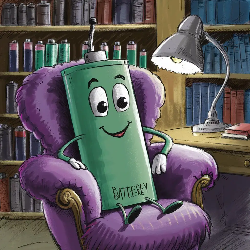 Cartoon Green Battery Sitting on a Purple Chair