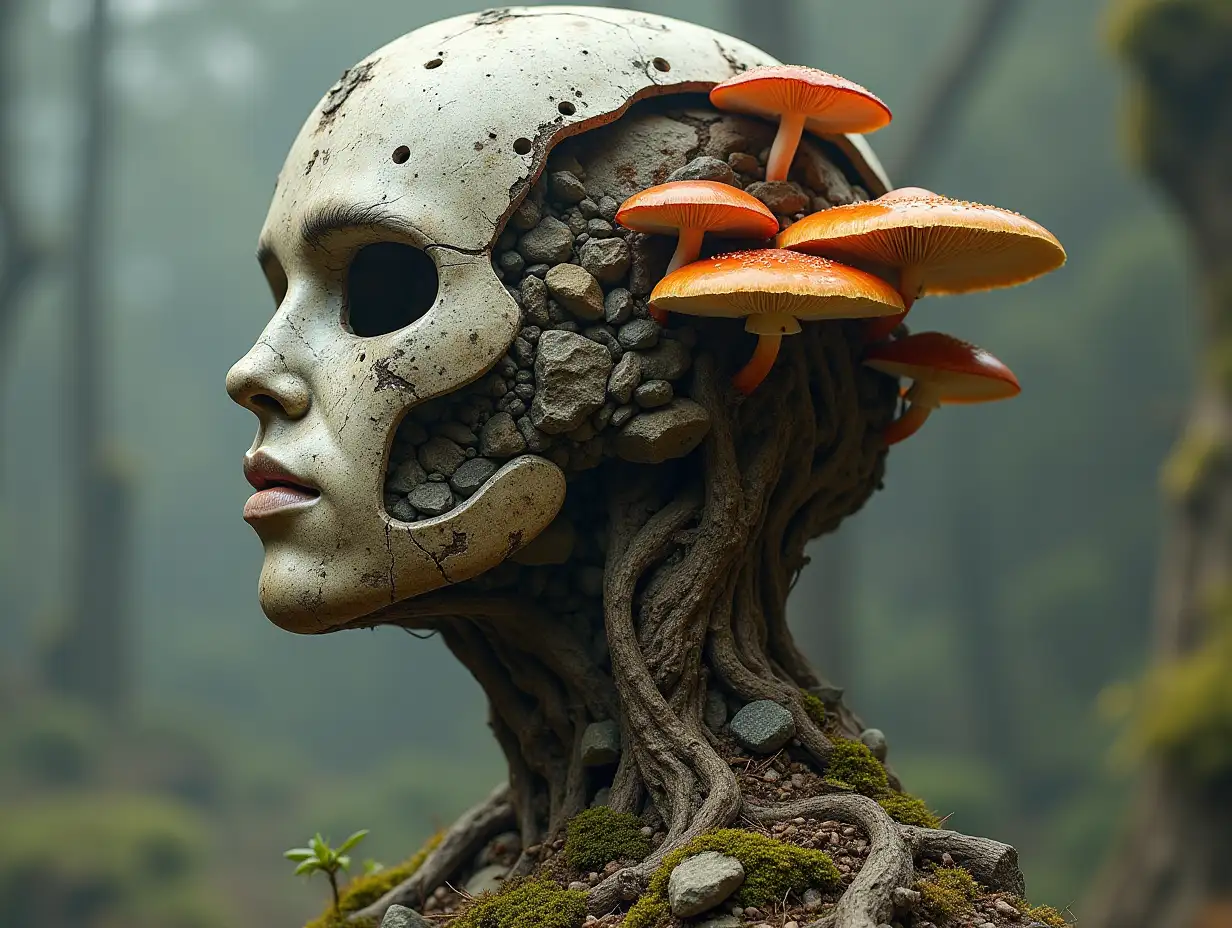 Head with helmet, stones, mushrooms, roots transformed into building