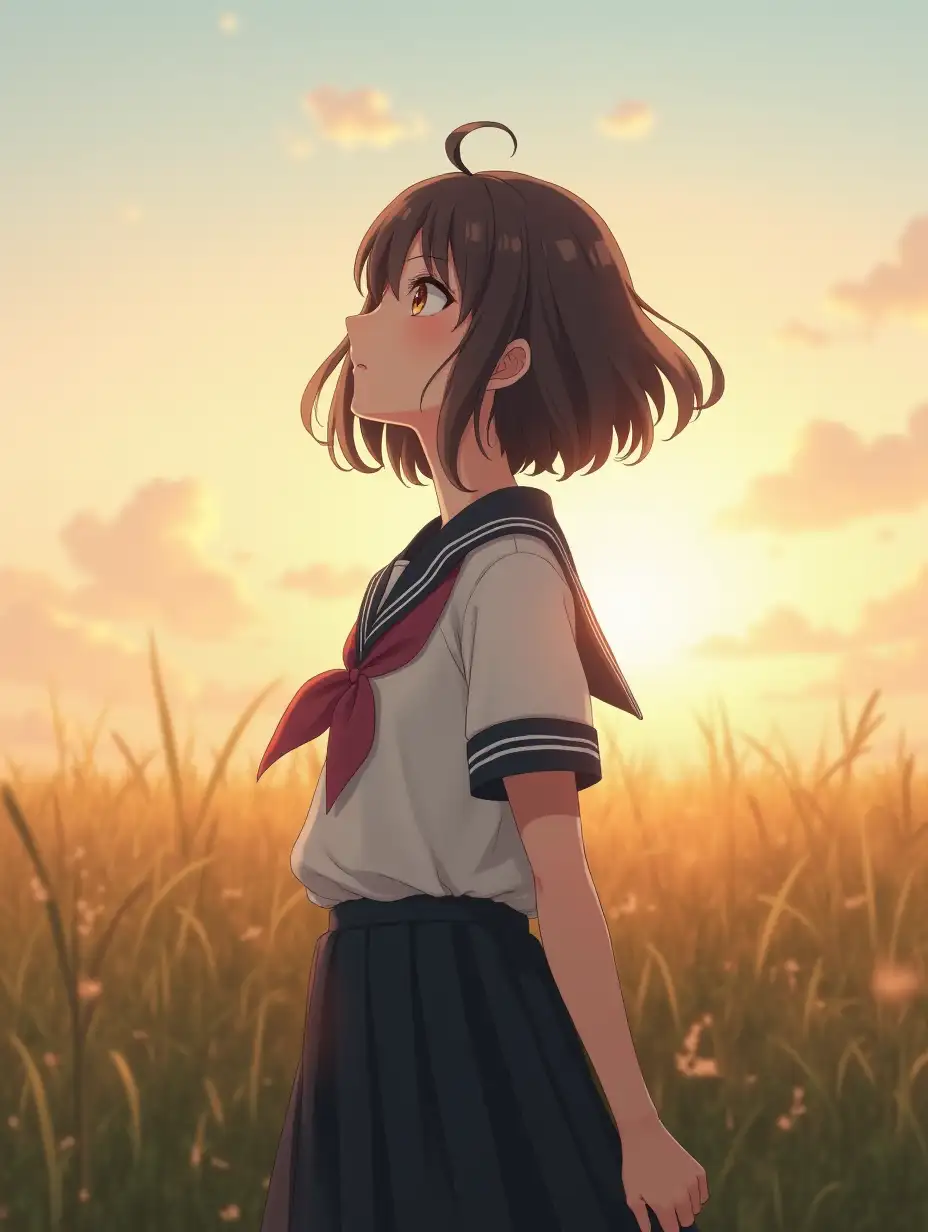 1girl, standing in a peaceful field, white school uniform, black pleated skirt, blue sailor collar, looking up at the sky with a calm but determined expression, soft sunset light in the background, wind blowing softly in the grass.  Highly detailed textures, ultra detailed, (hd detailed eyes, ultra high detailed), (eyes:1.4) 4K HDR, 64K megapixels, 8k high resolution, warm tone color palette, wide dynamic range.